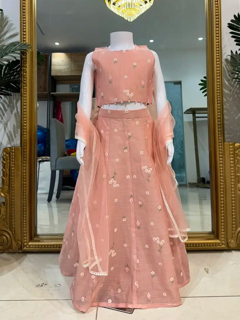 Blush pink floral embroidered Mul Chanderi lehenga set for girls with dupatta