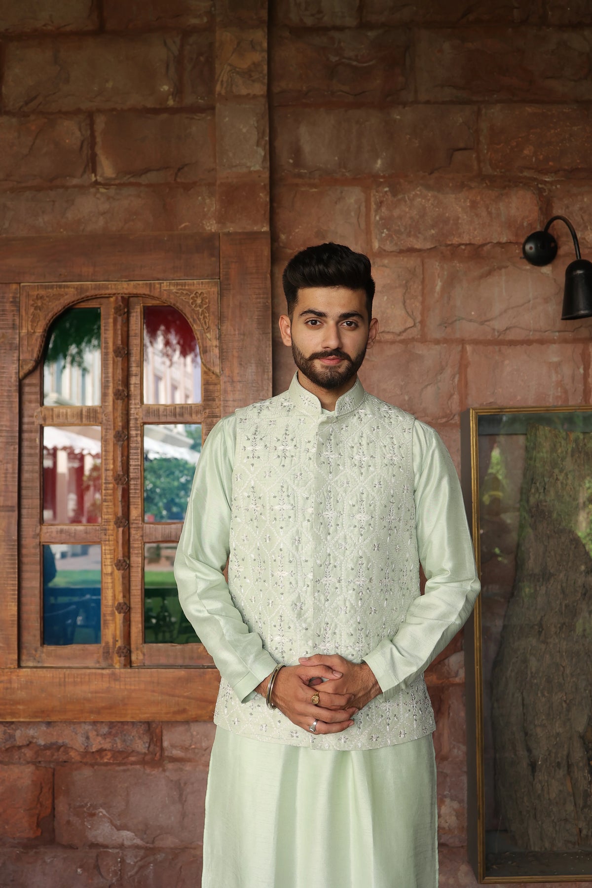 Jharokha Icy Blue Nehru Jacket Set