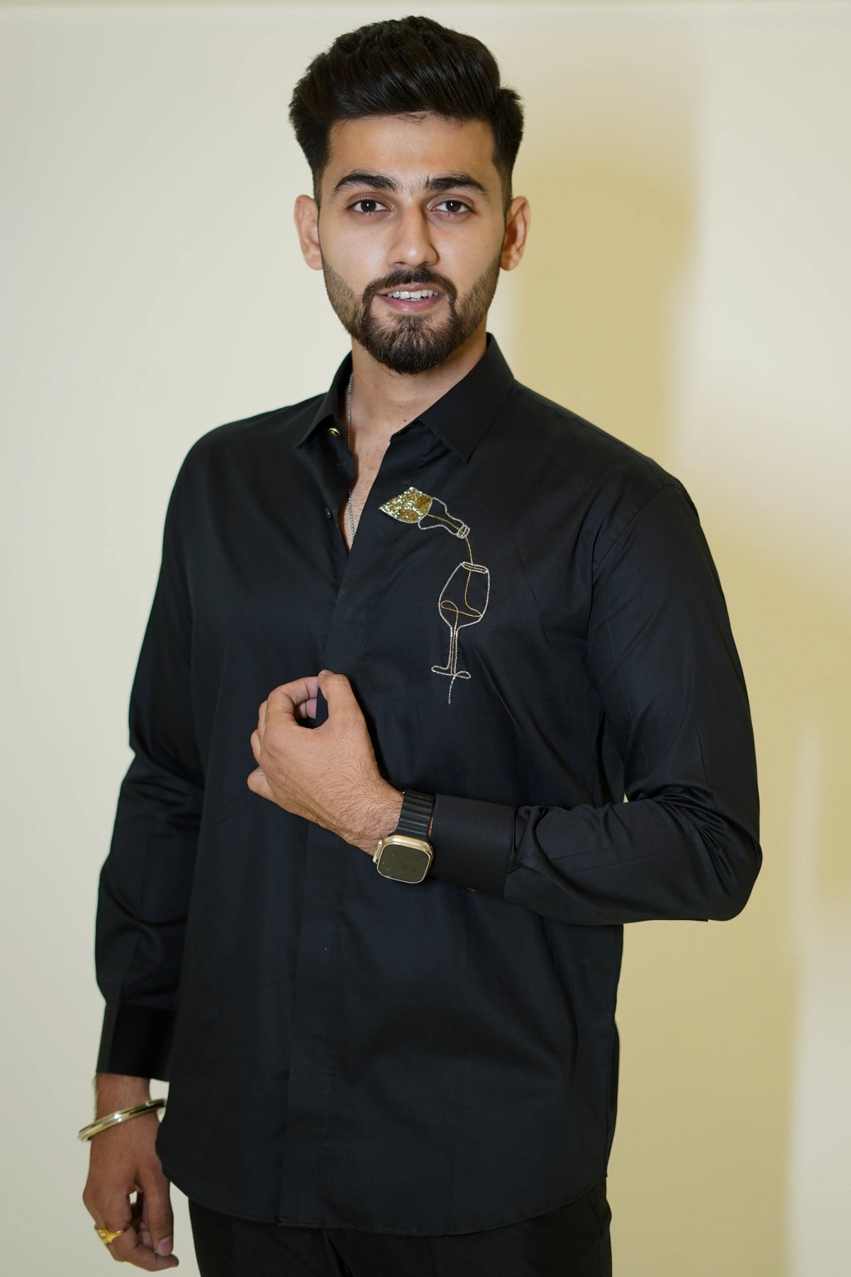 Black Wine Bottle Motif Designer Shirt