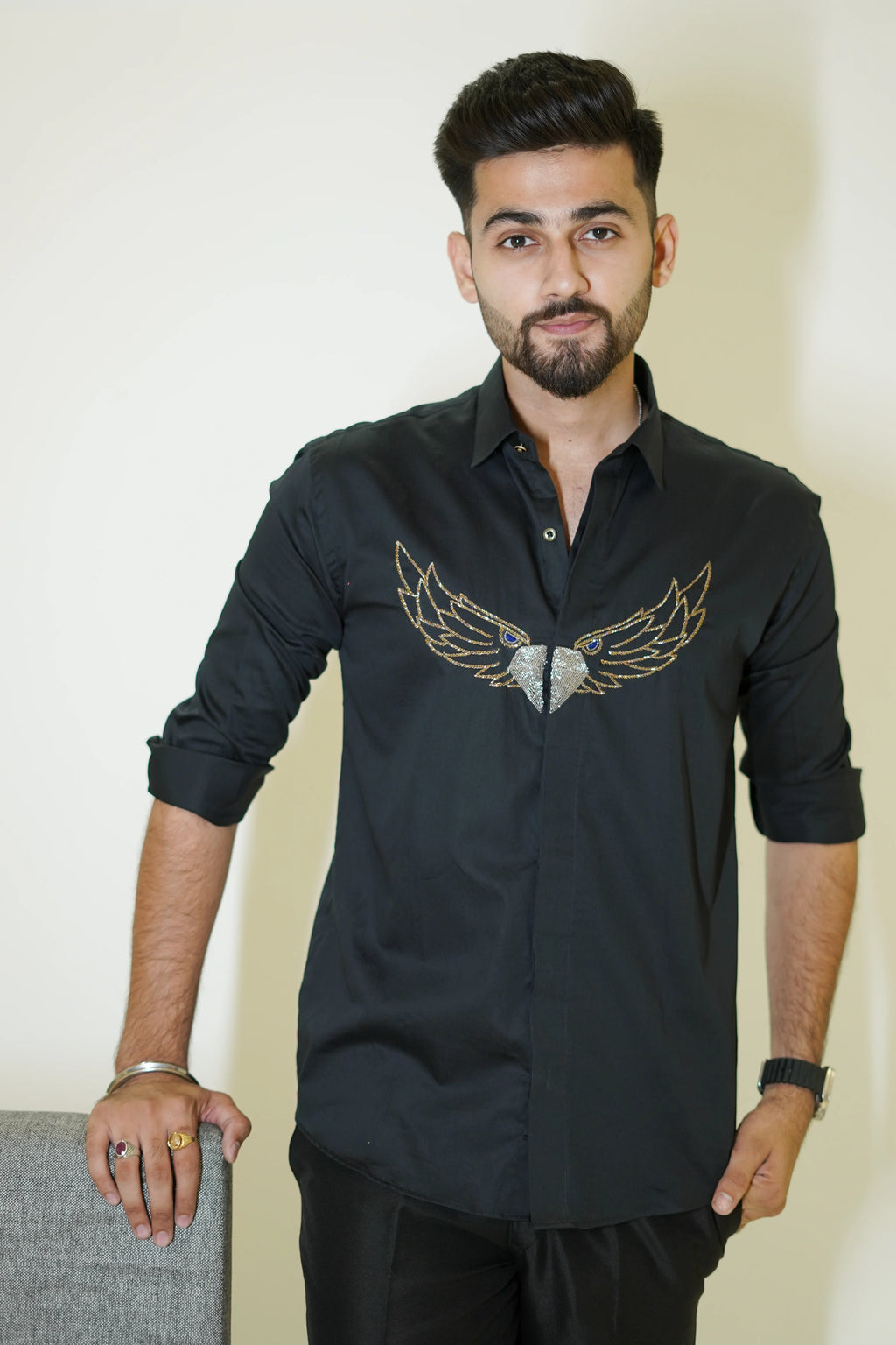 Black Wings of Freedom Diamond Motif Designer Shirt