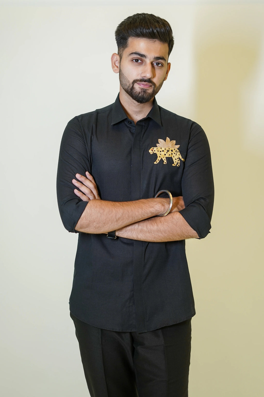 Leopard Embroidered Black Linen Shirt