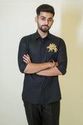 Leopard Embroidered Black Linen Shirt