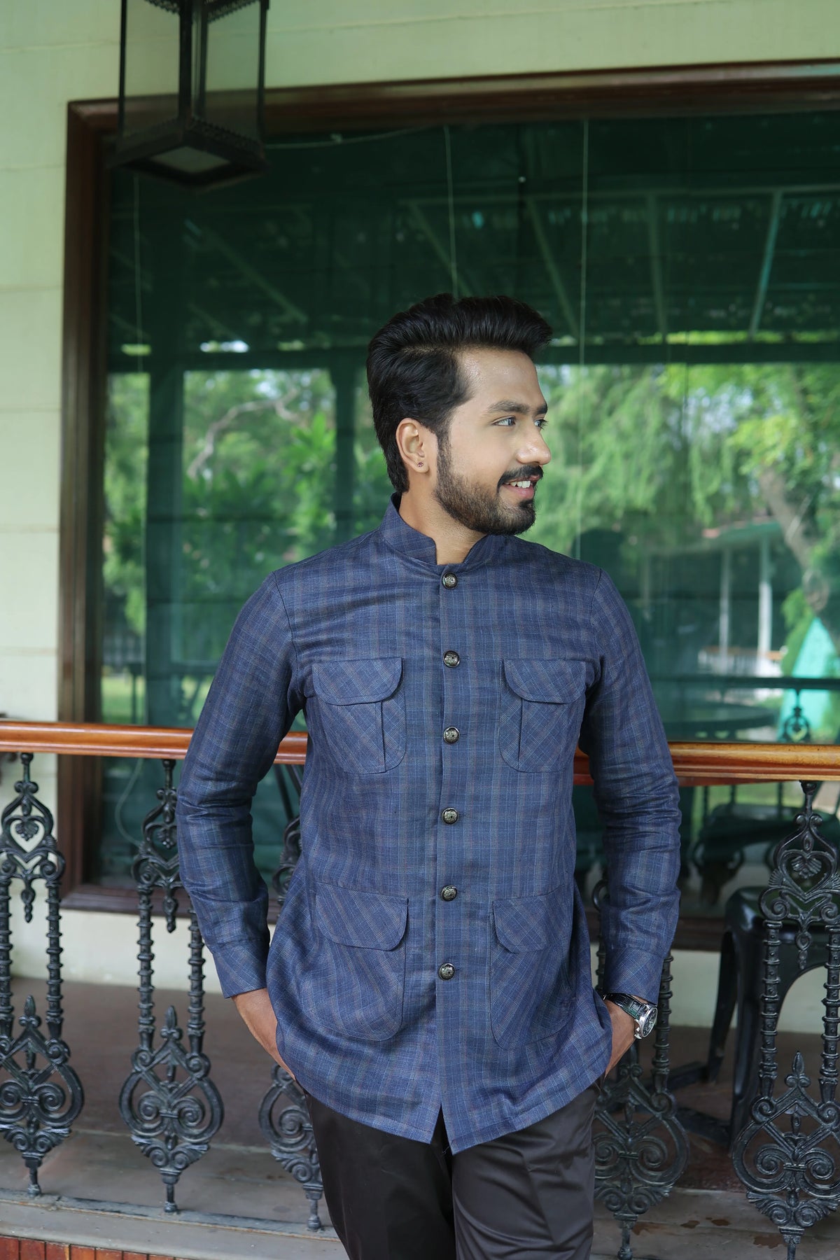 Blue Mandarin Collar Four Pocket Hunter Shirt