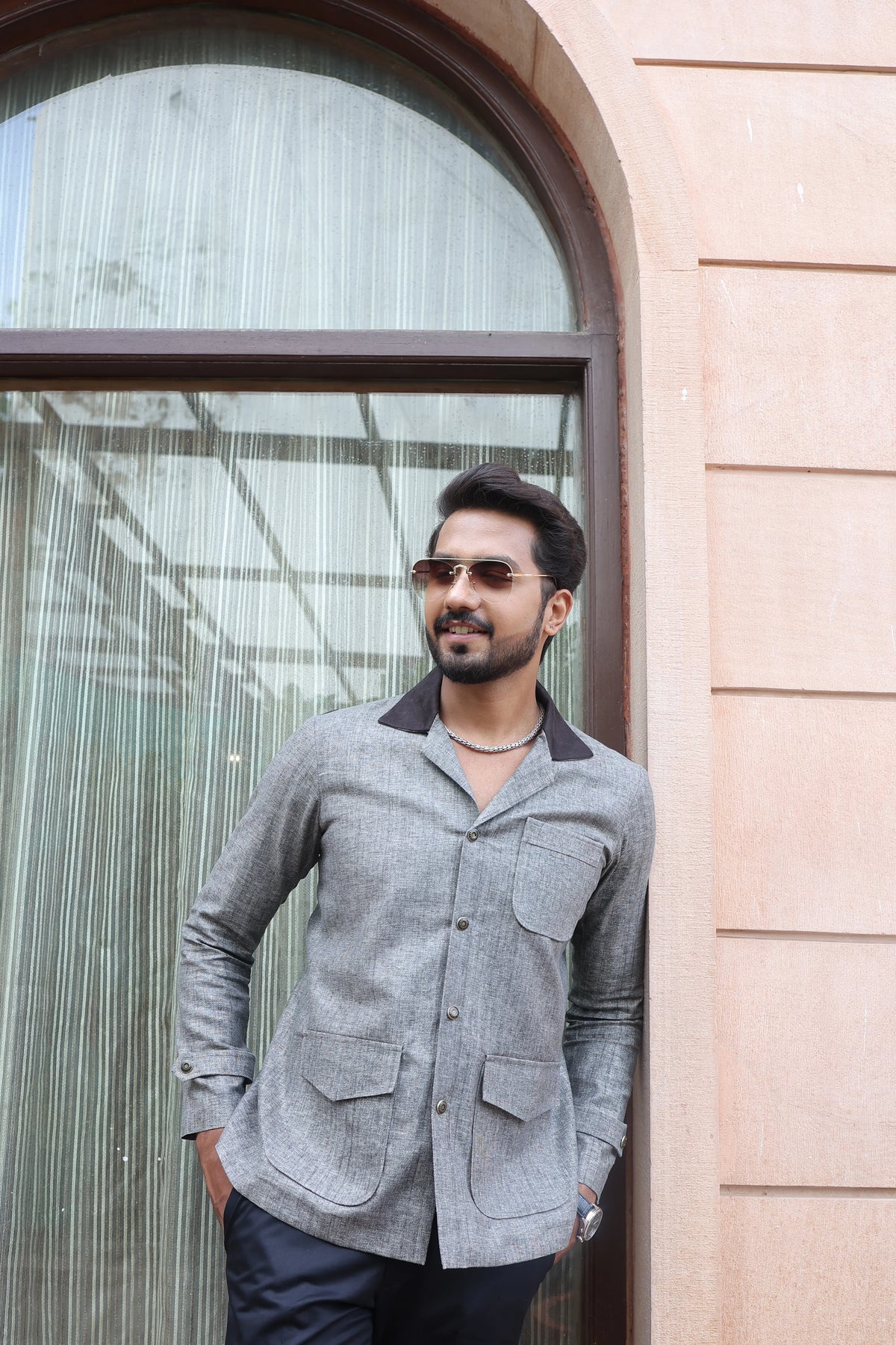 Grey Safari Hunter Shirt with Flap Pockets