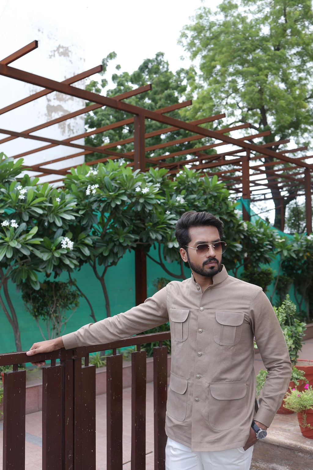 Mandarin Beige Four Pocket Shirt
