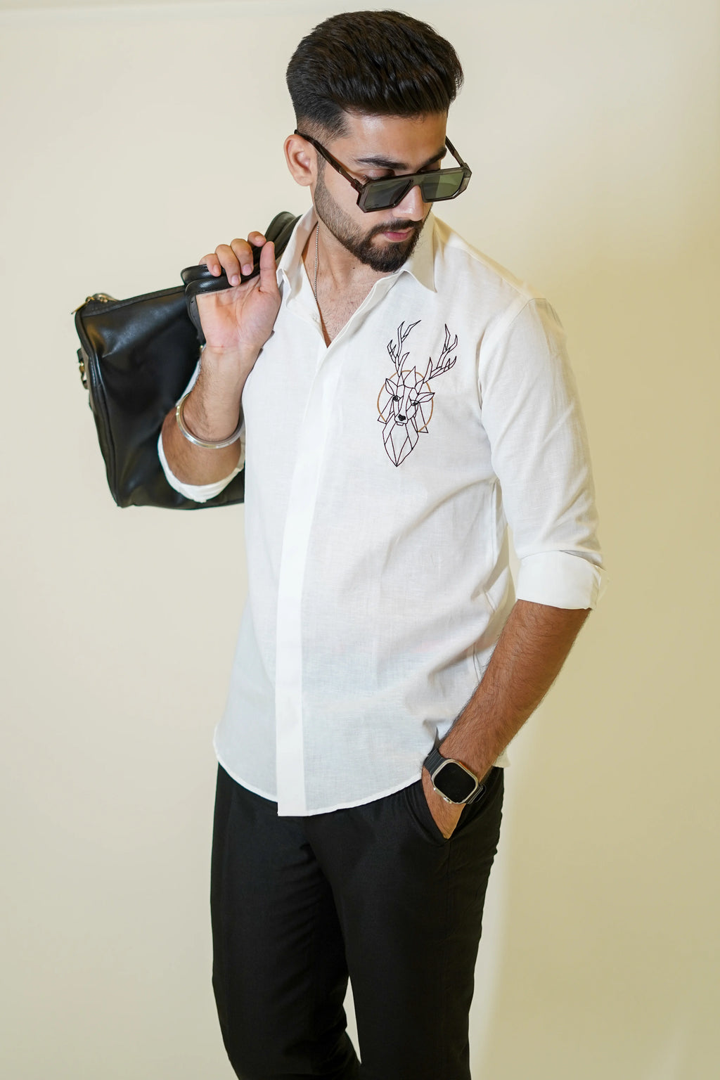 White Deer Embroidered Linen Shirt