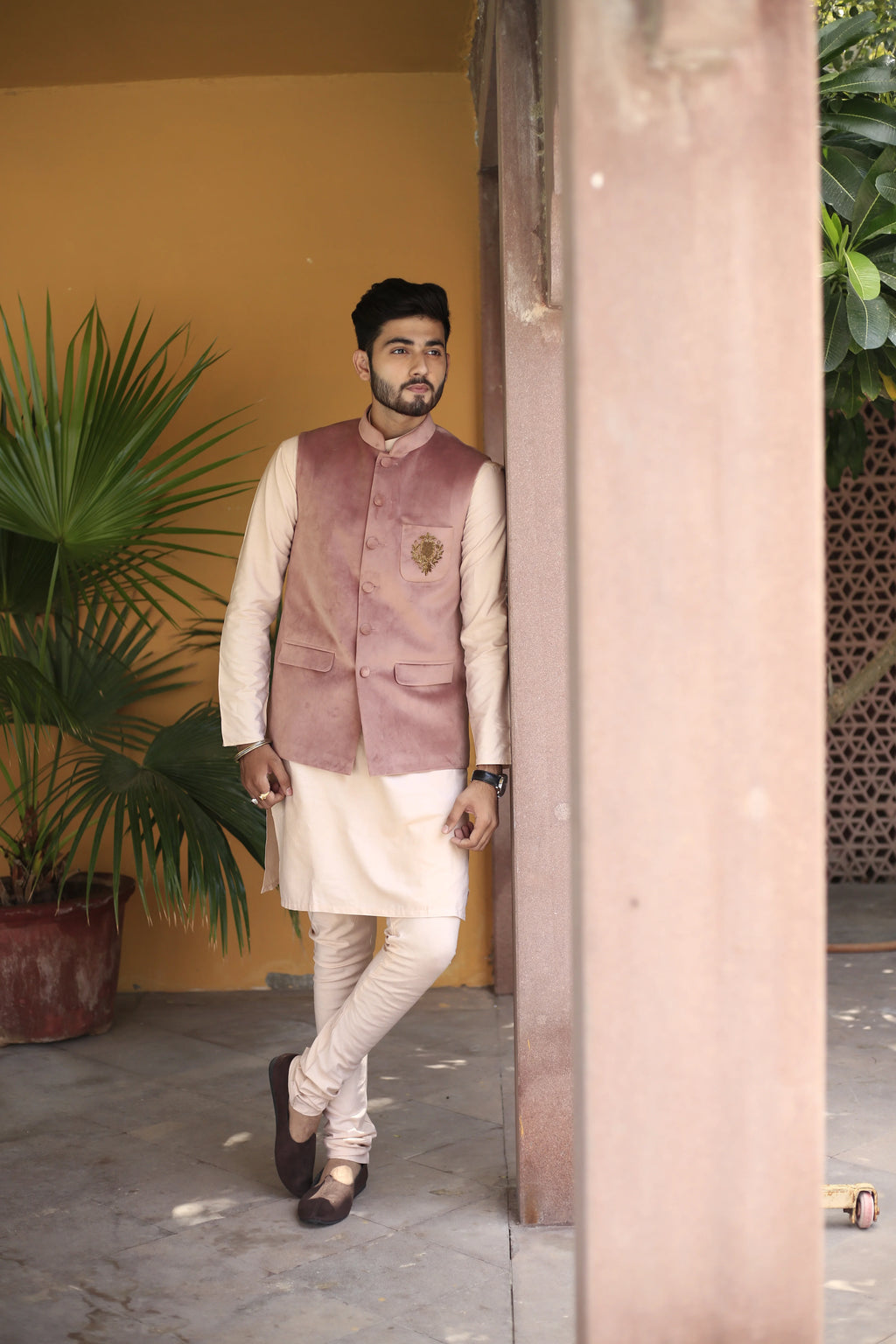 Trophy Blush Pink Velvet Nehru Jacket Set