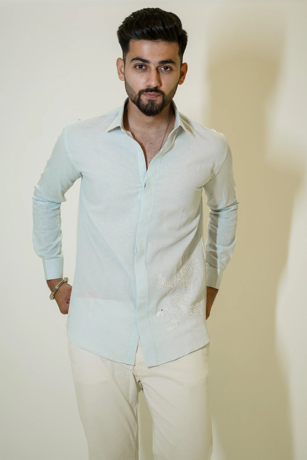 Pastel Blue Eagle Embroidered Linen Shirt