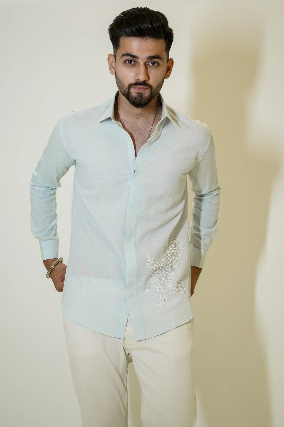 Pastel Blue Eagle Embroidered Linen Shirt
