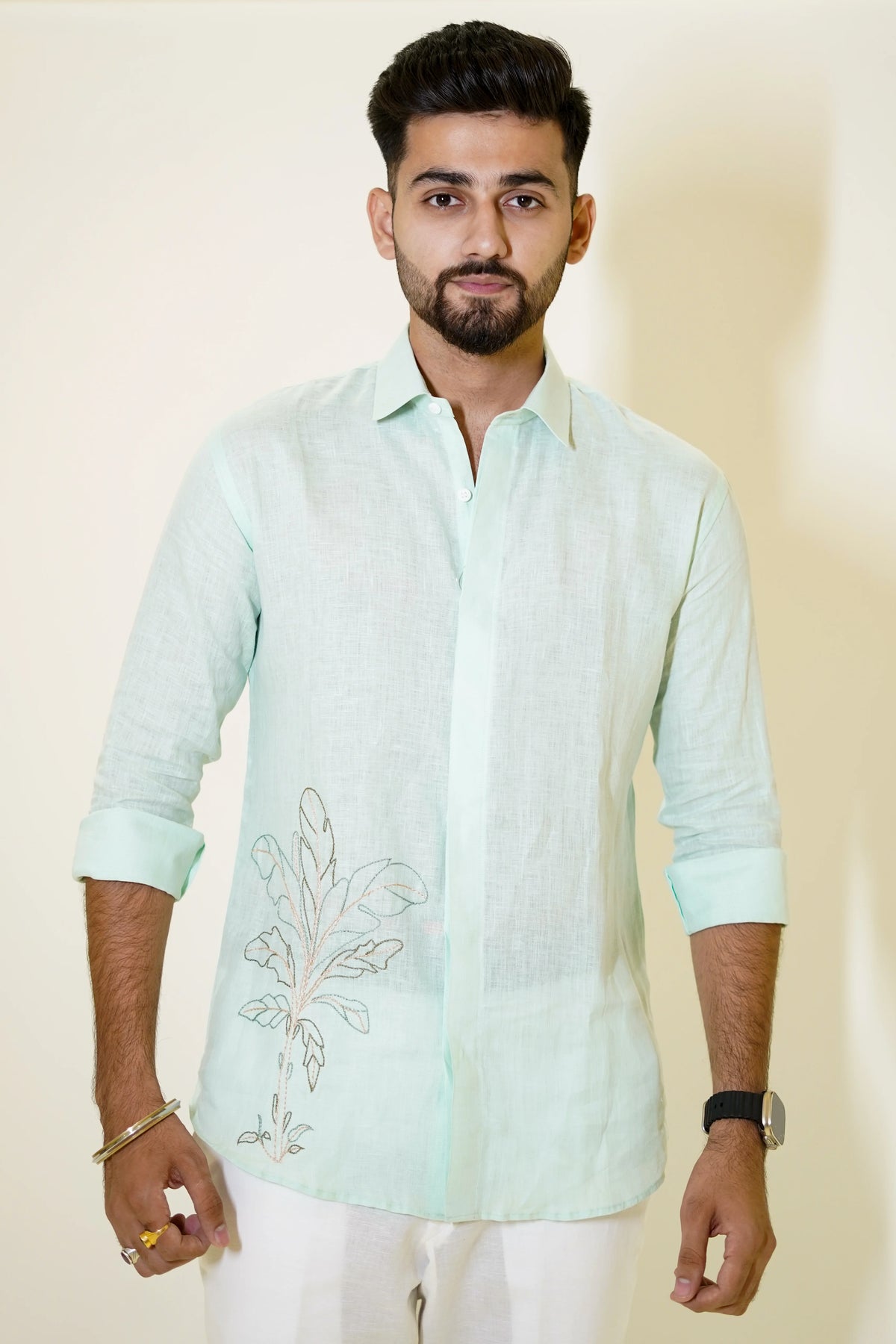 Pastel Green Palm Tree Embroidered Linen Shirt