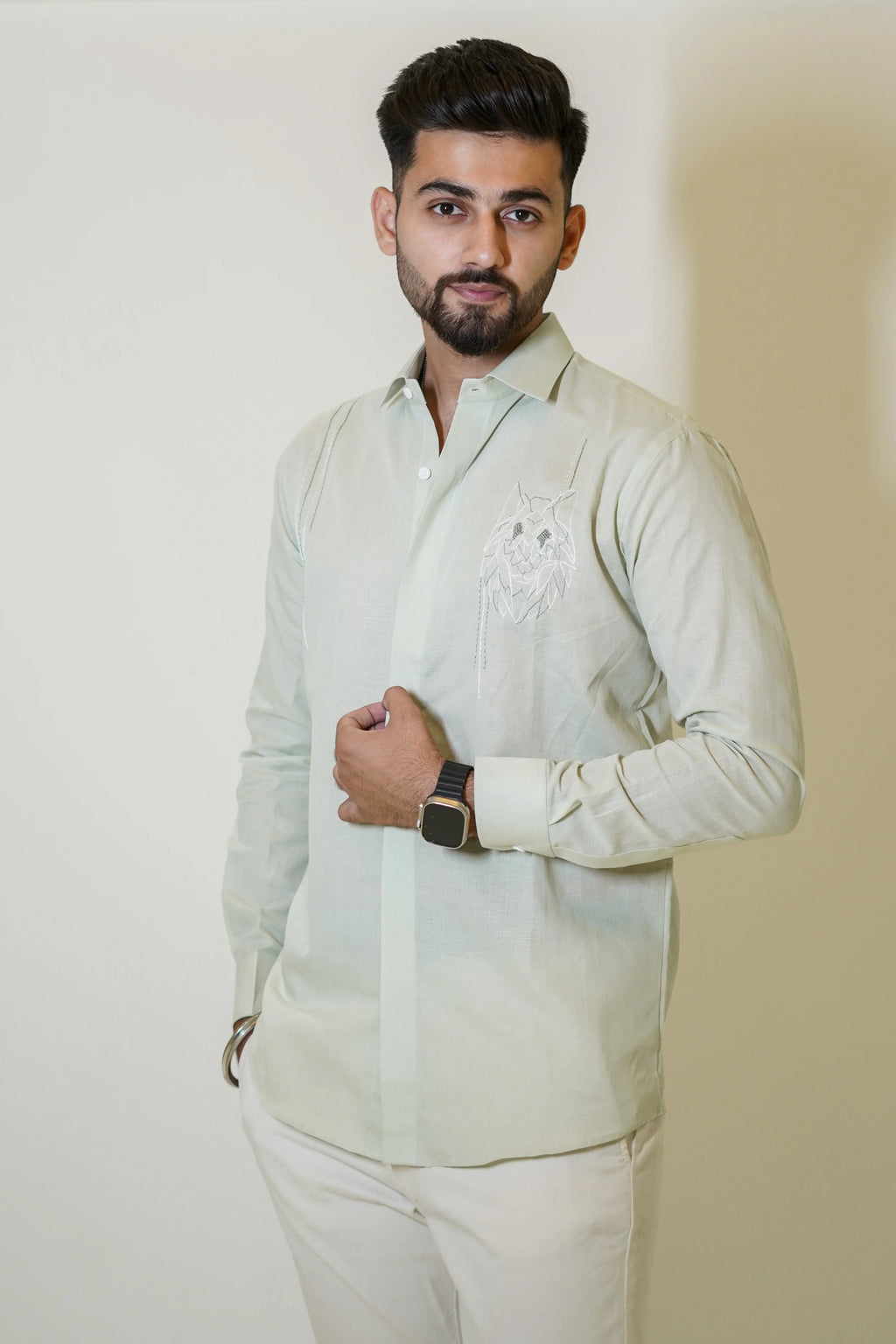 Fox Embroidered Pastel Green Linen Shirt