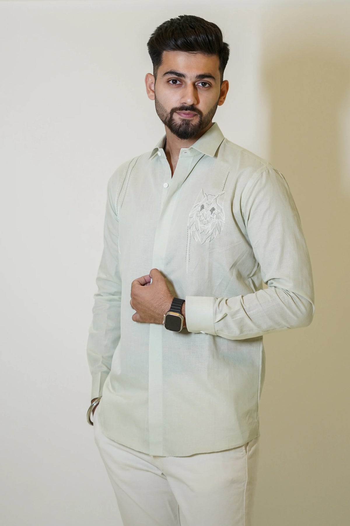 Fox Embroidered Pastel Green Linen Shirt