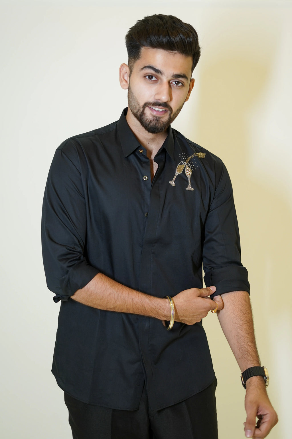Black Champagne Glass Motif Designer Shirt