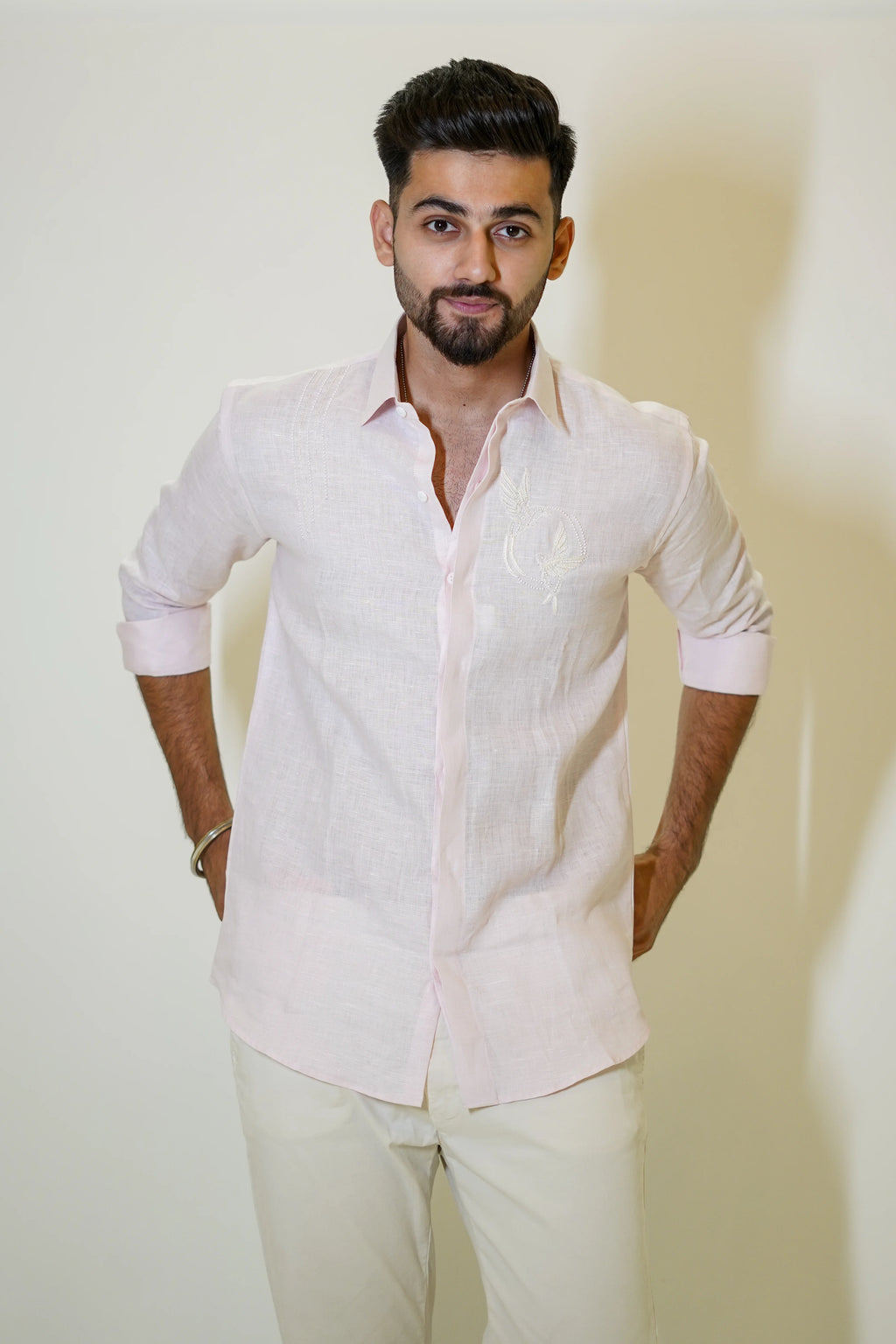 Pastel Pink Beaded Bird Embroidered Linen Shirt