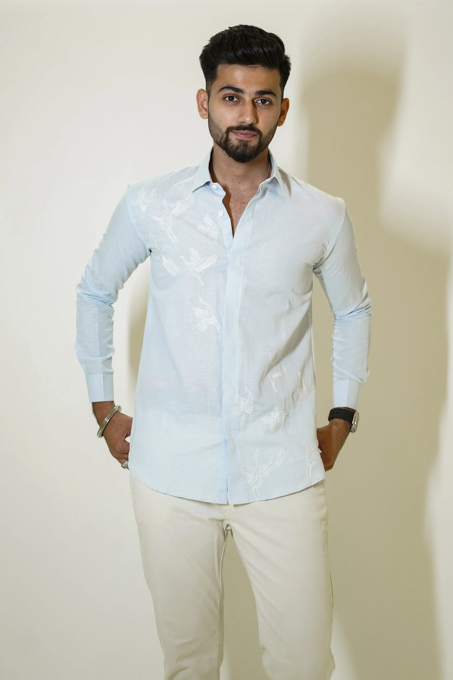 Powder Blue Beaded Bird Embroidered Linen Shirt