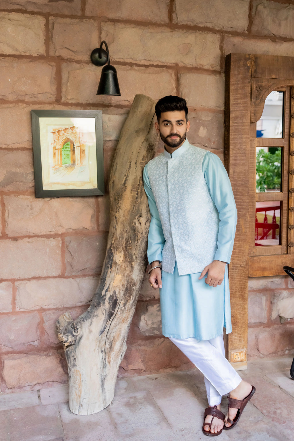 Jharokha Icy Blue Nehru Jacket Set