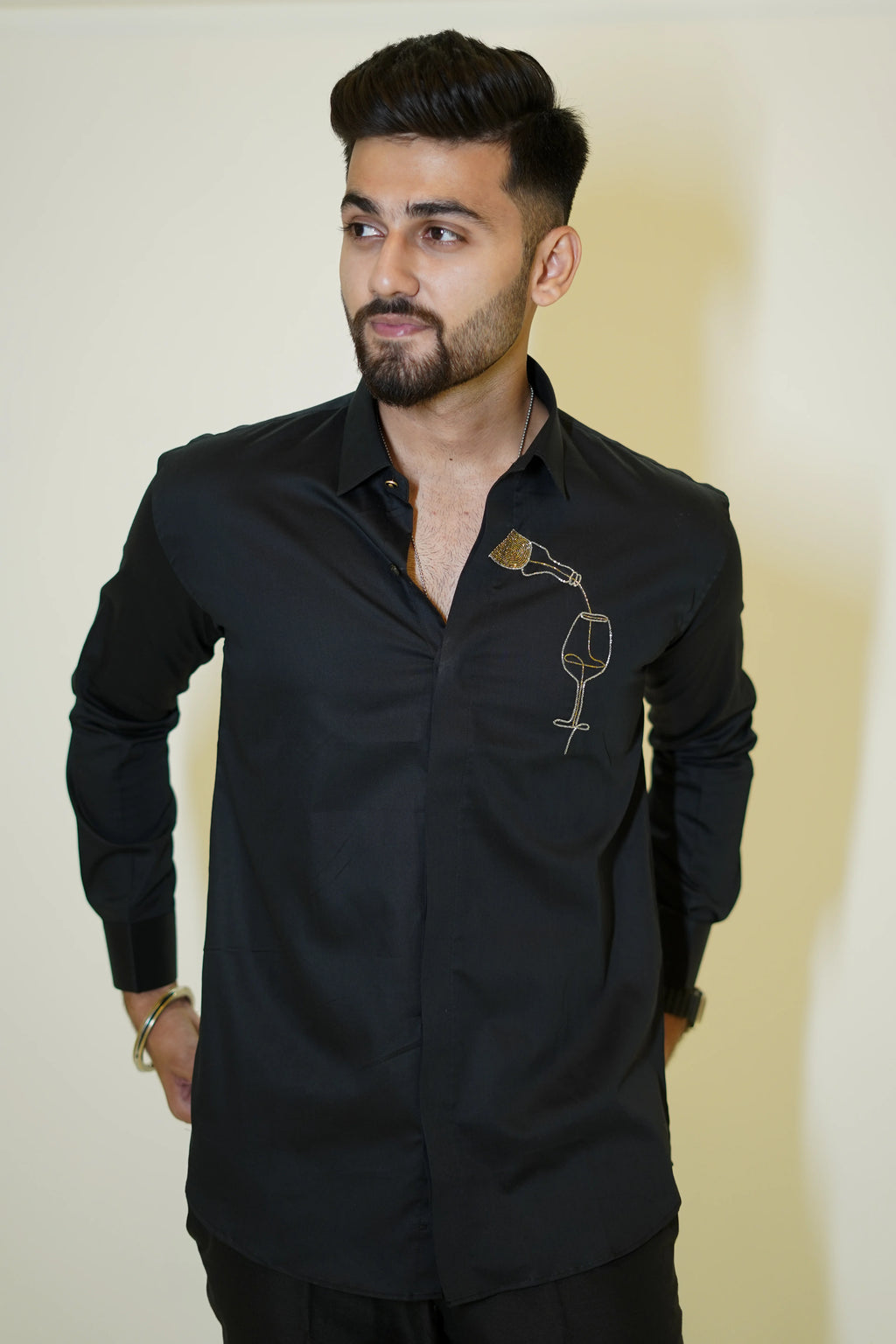 Black Wine Bottle Motif Designer Shirt