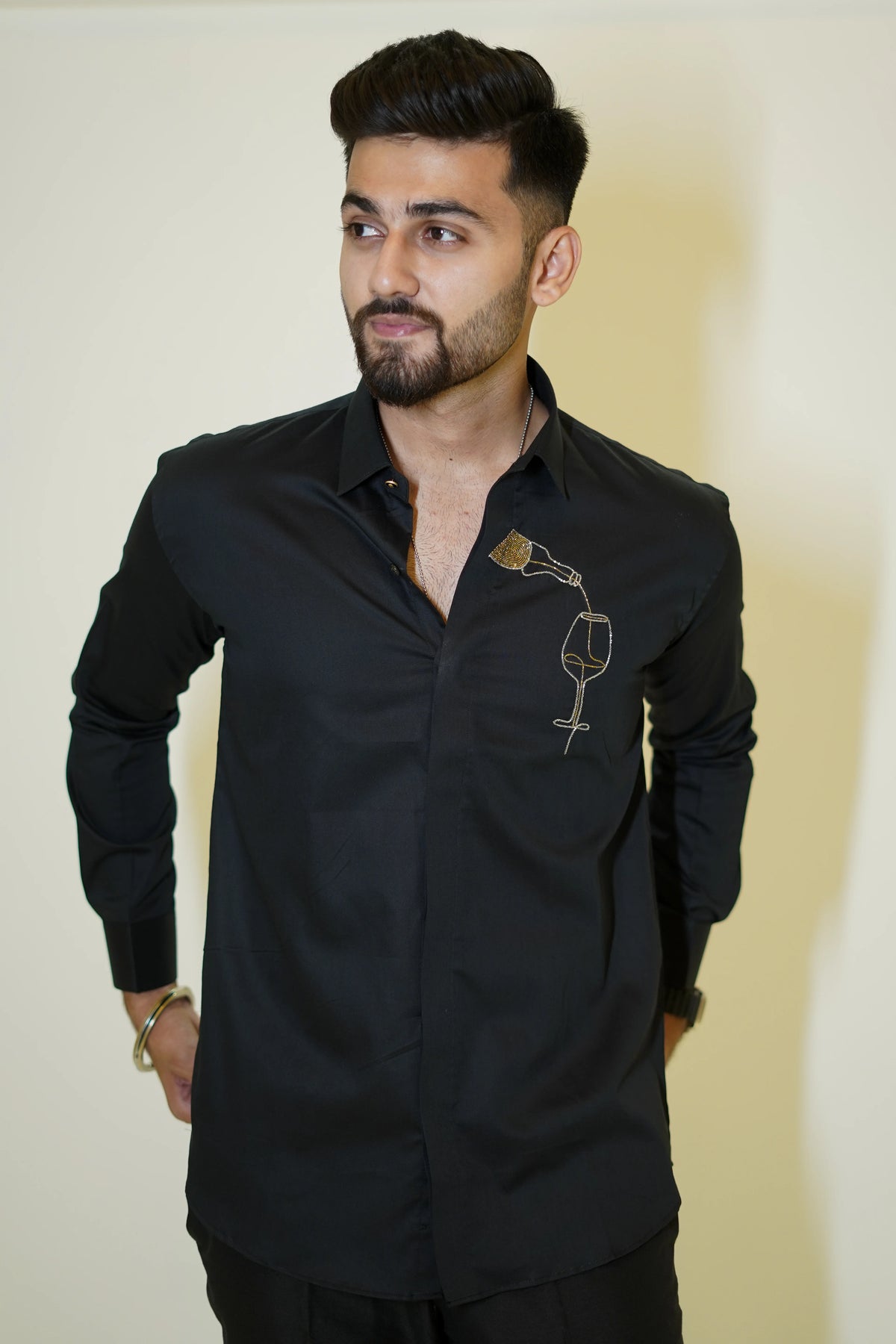 Black Wine Bottle Motif Designer Shirt