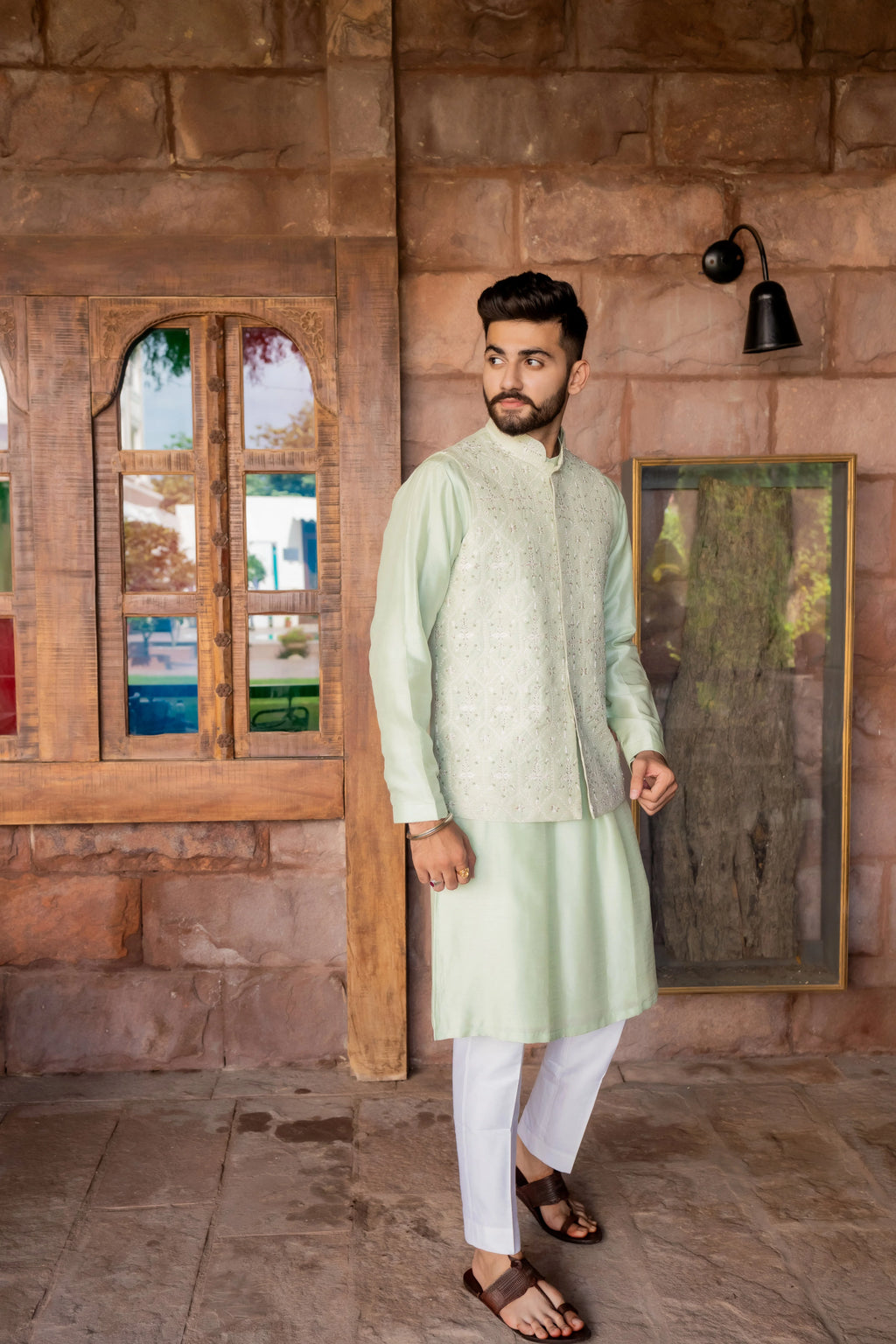 Jharokha Icy Blue Nehru Jacket Set