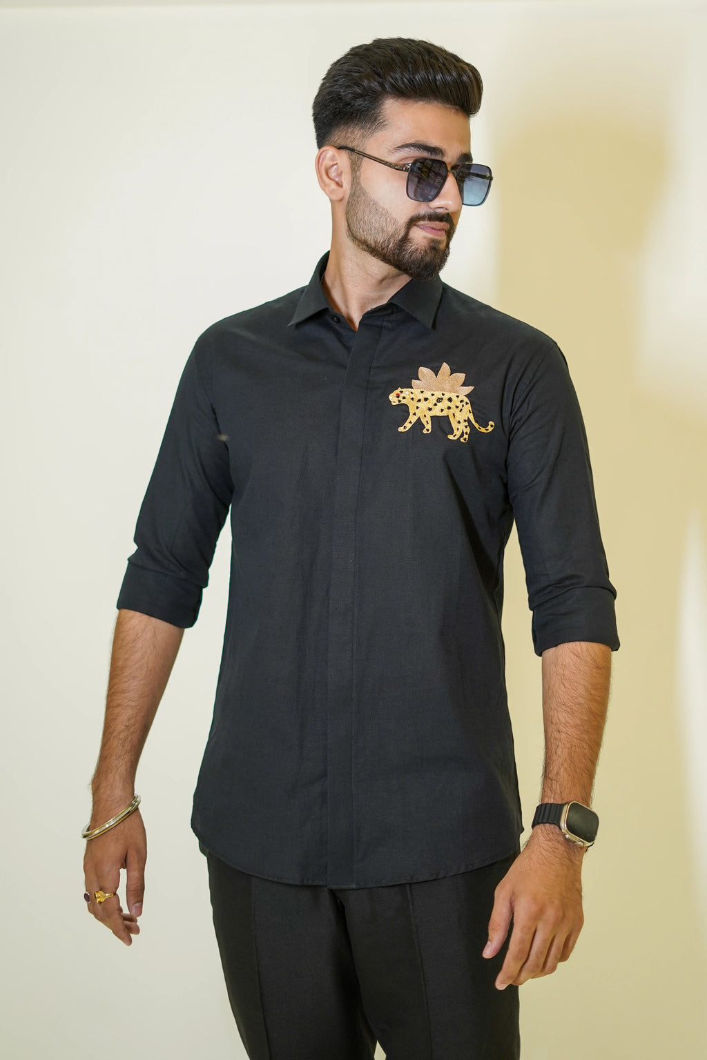 Leopard Embroidered Black Linen Shirt