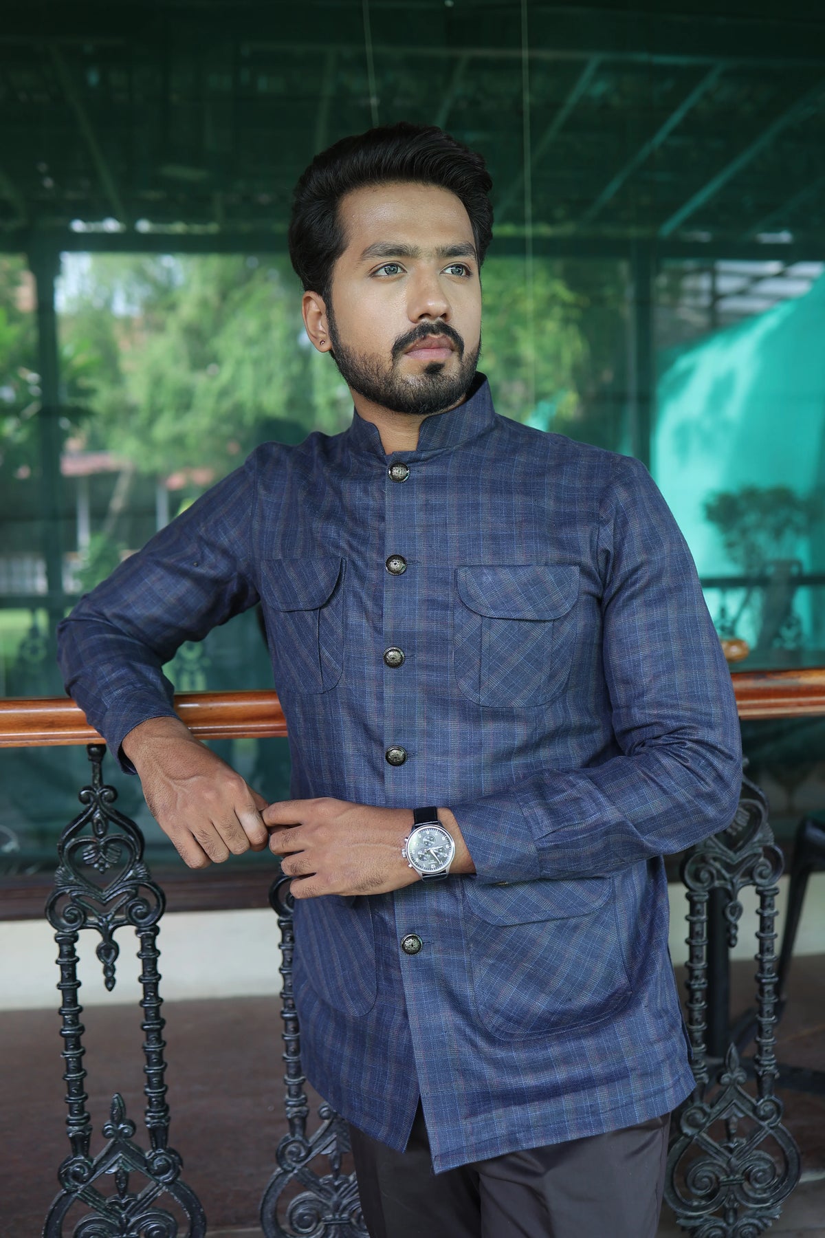 Blue Mandarin Collar Four Pocket Hunter Shirt