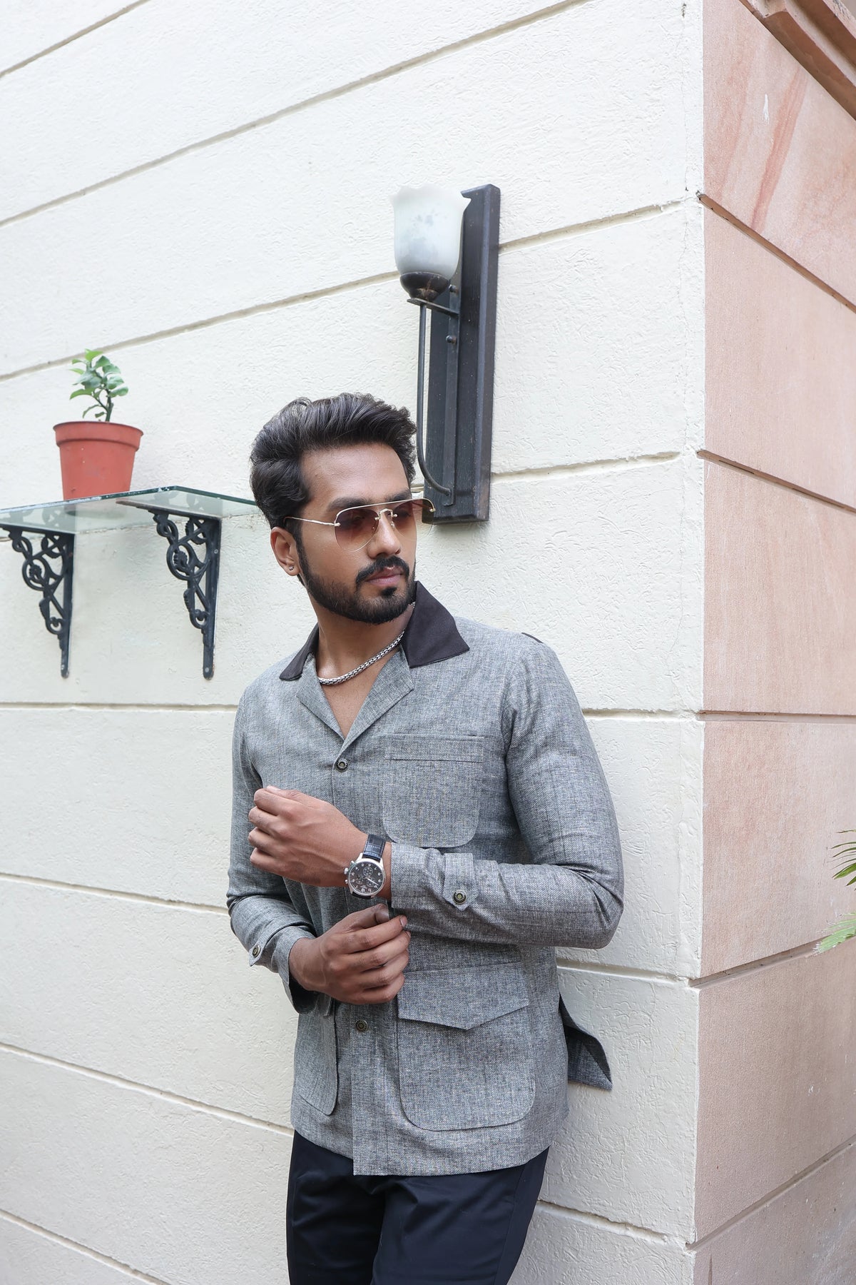 Grey Safari Hunter Shirt with Flap Pockets