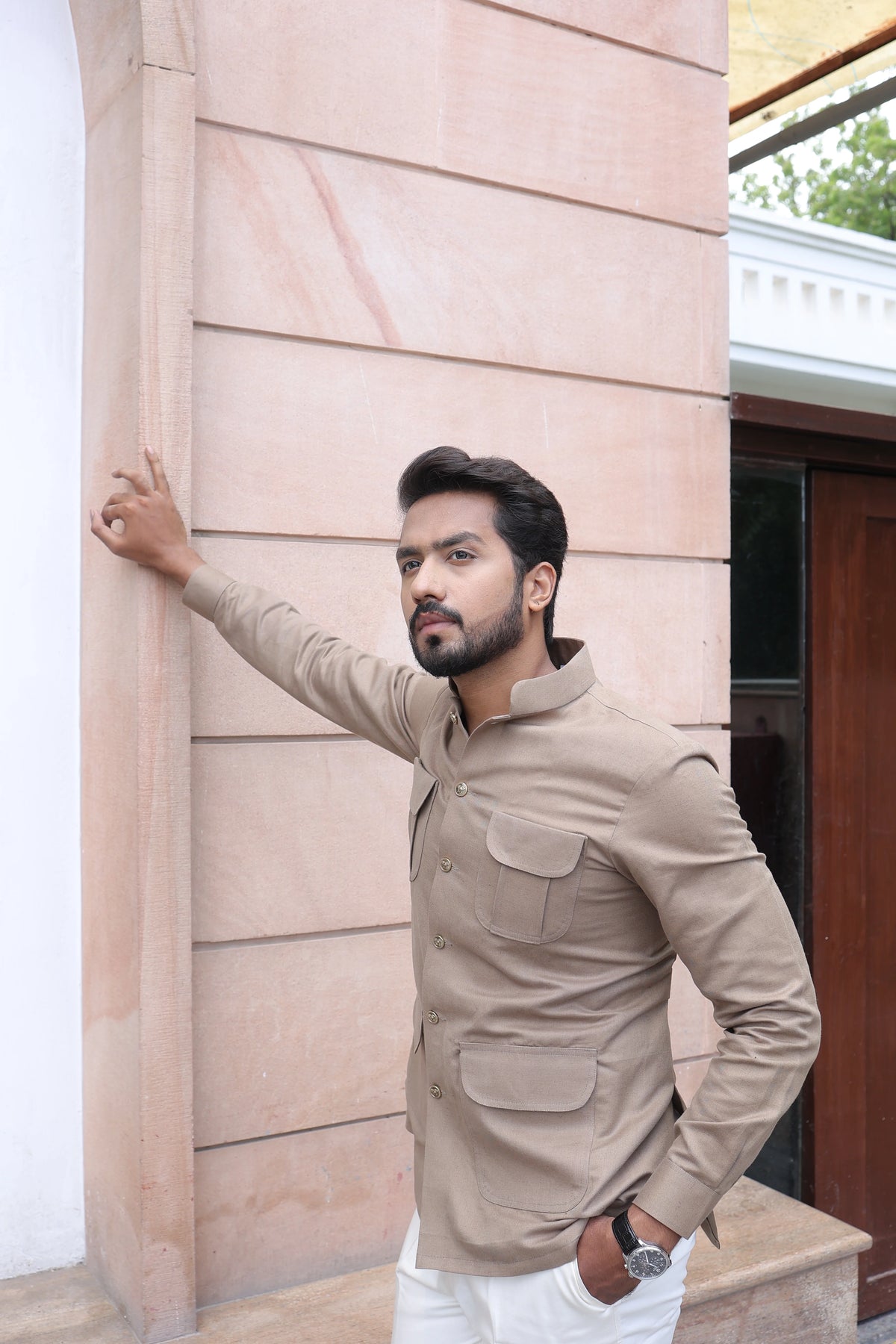 Mandarin Beige Four Pocket Shirt