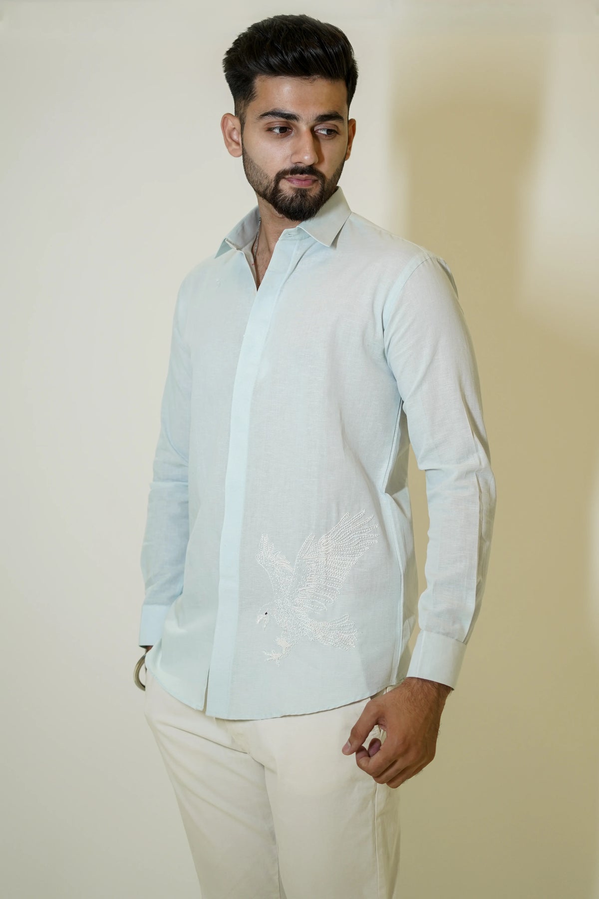 Pastel Blue Eagle Embroidered Linen Shirt