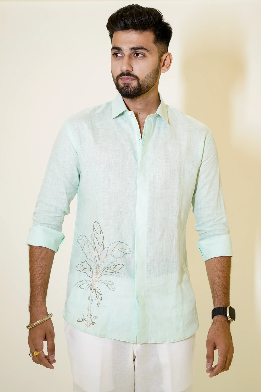 Pastel Green Palm Tree Embroidered Linen Shirt