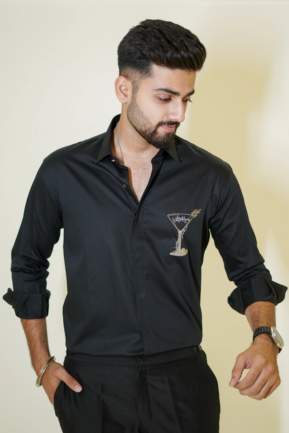 Black White Rum Motif Designer Shirt