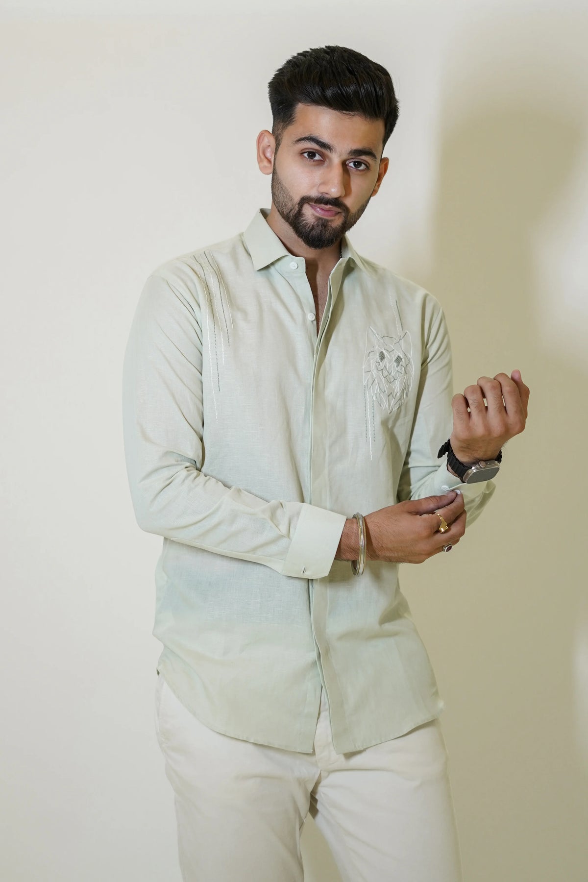 Fox Embroidered Pastel Green Linen Shirt