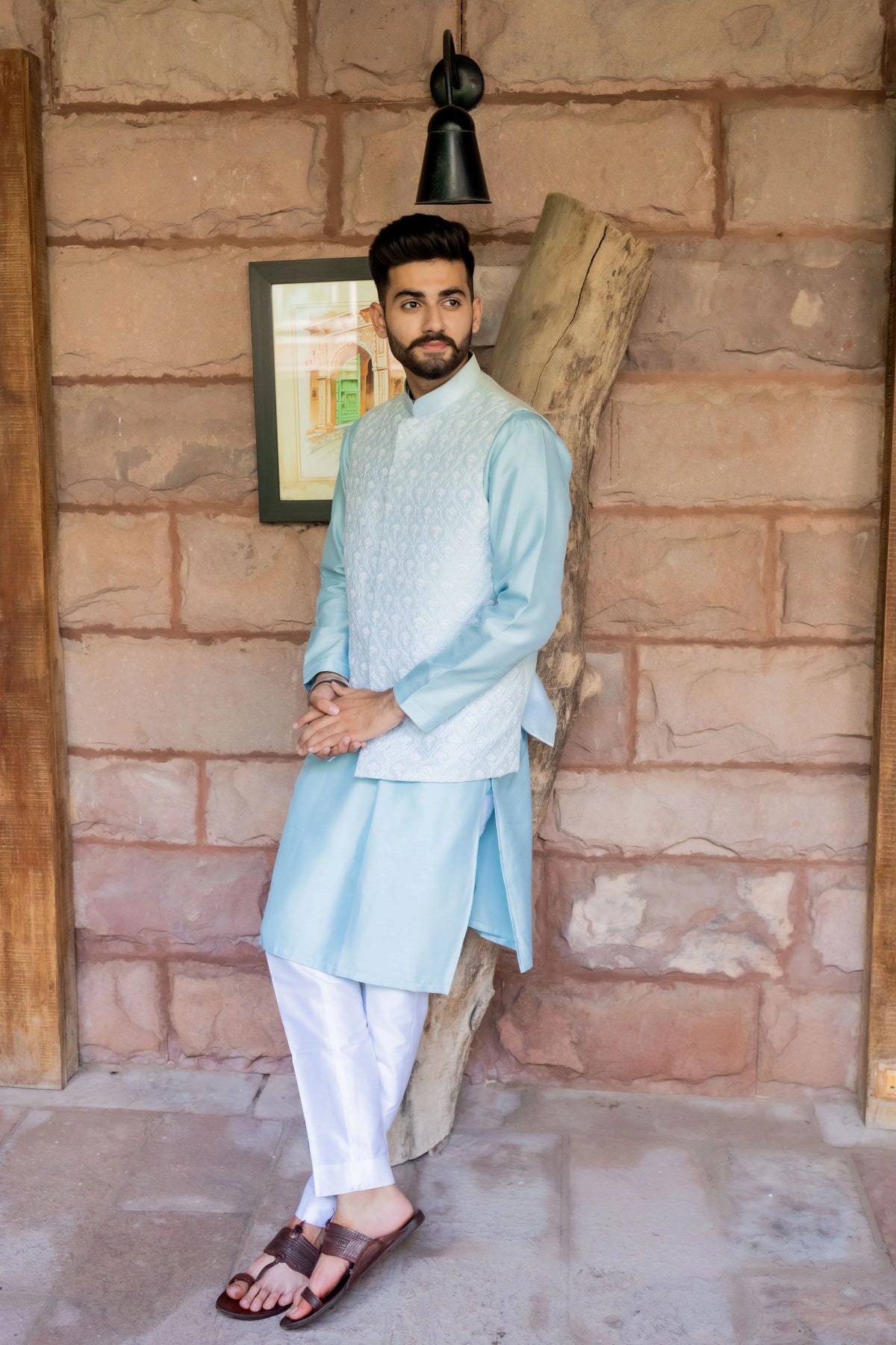 Jharokha Icy Blue Nehru Jacket Set