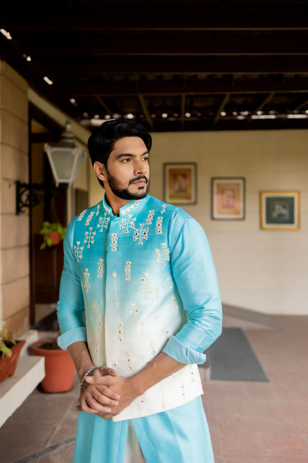Sky Blue Ombre Nehru Jacket Set