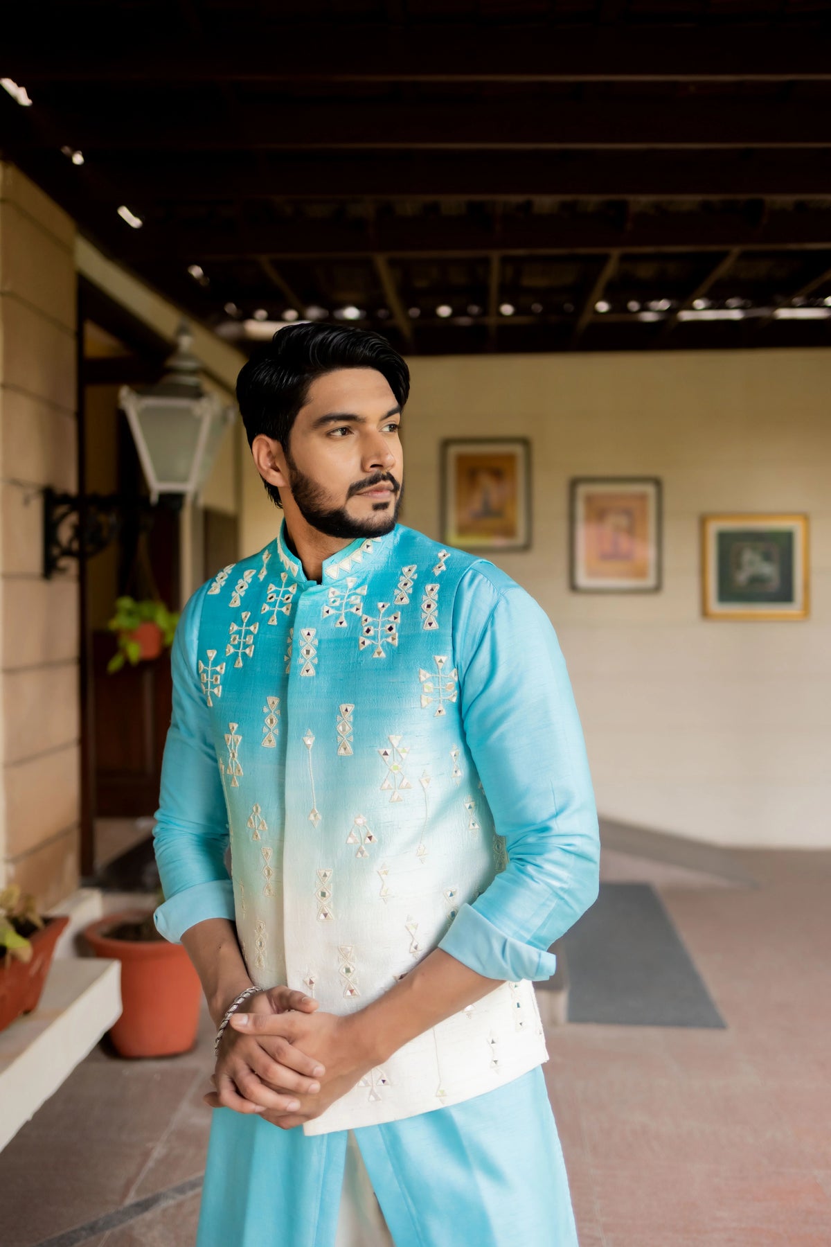 Sky Blue Ombre Nehru Jacket Set