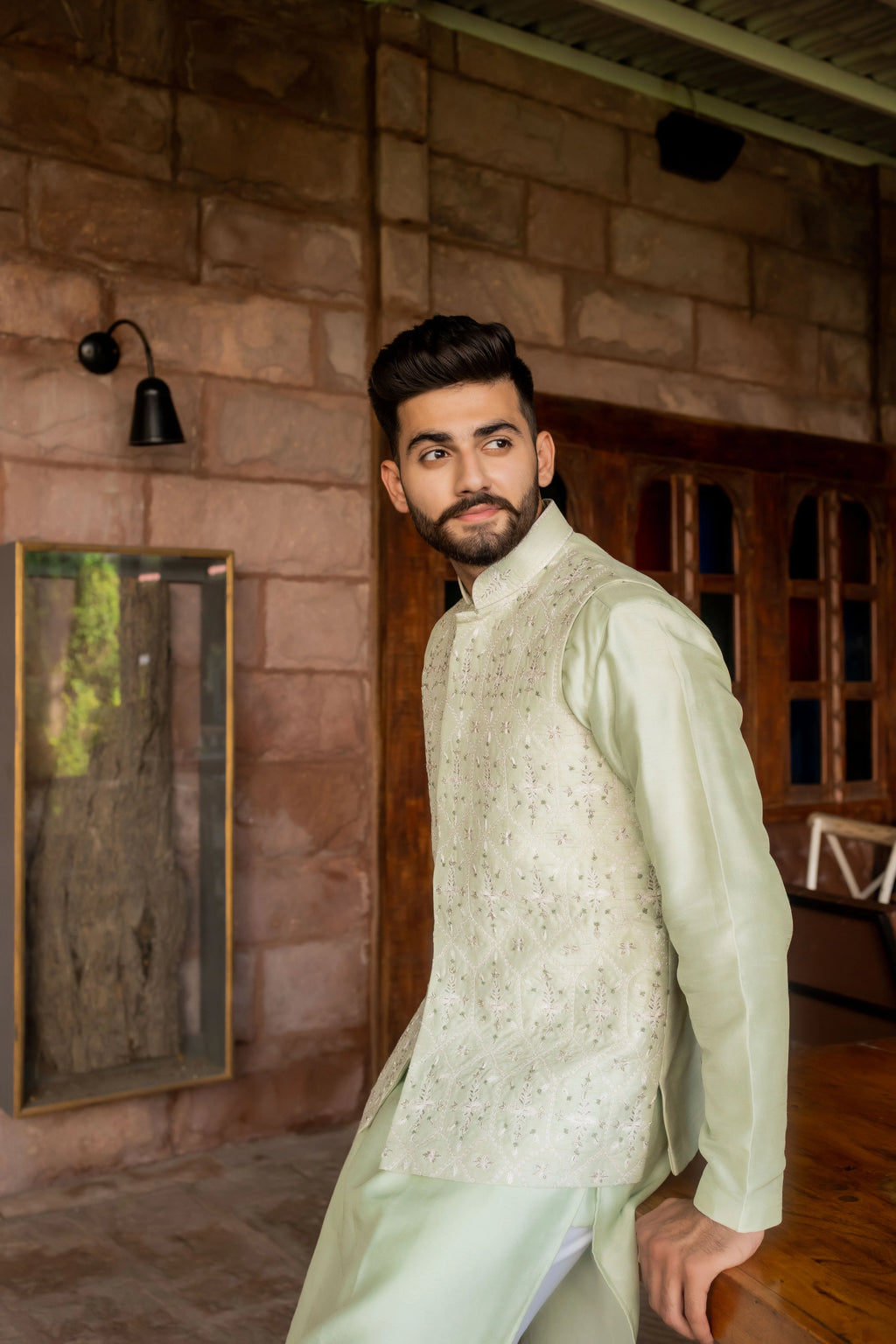 Jharokha Icy Blue Nehru Jacket Set