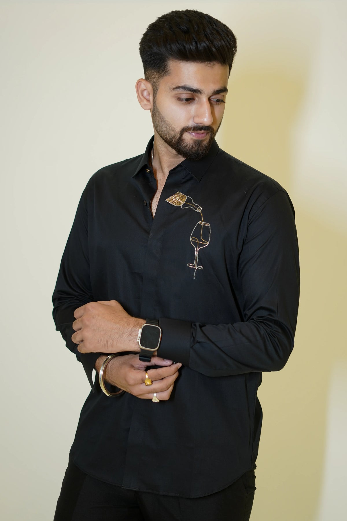 Black Wine Bottle Motif Designer Shirt