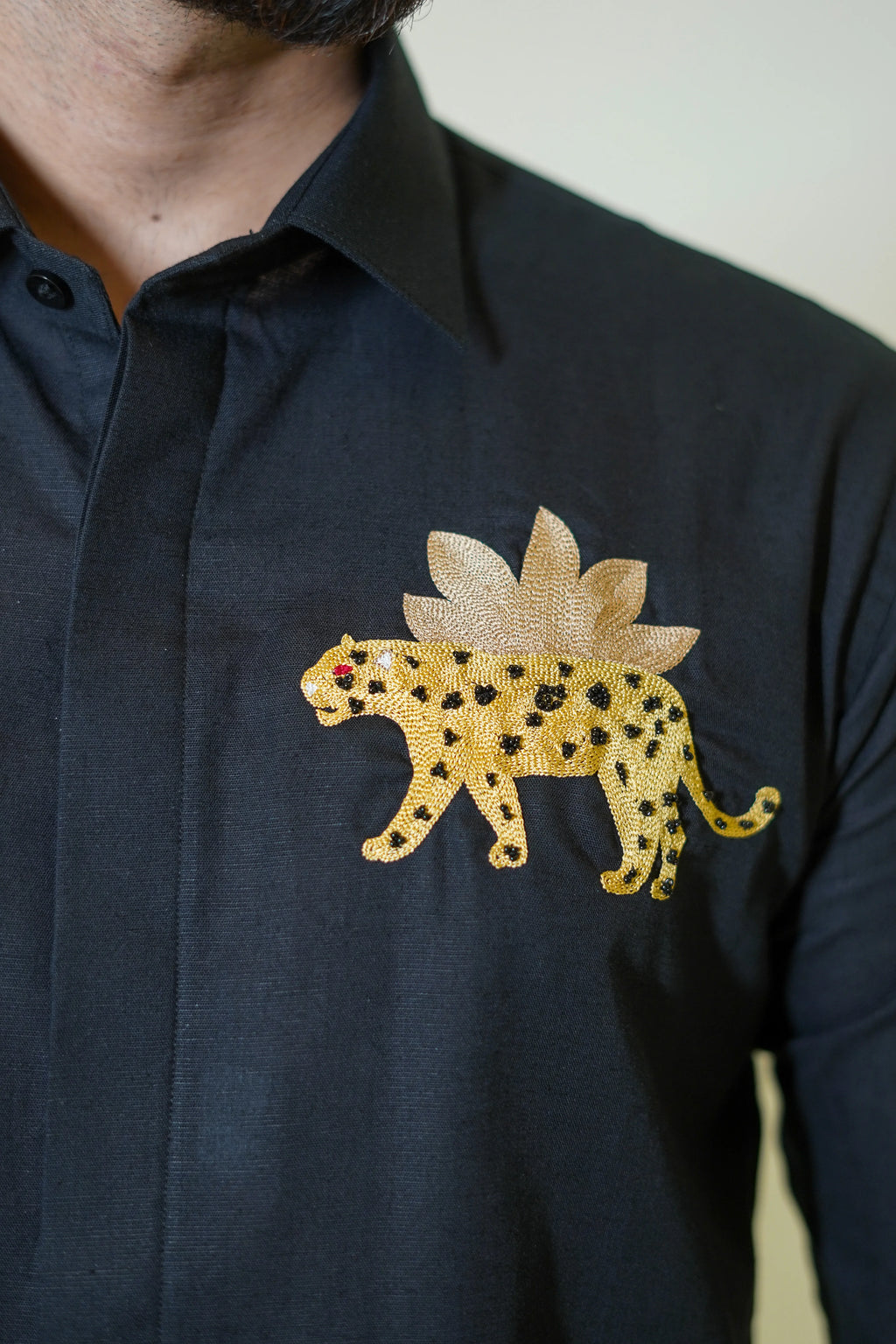 Leopard Embroidered Black Linen Shirt