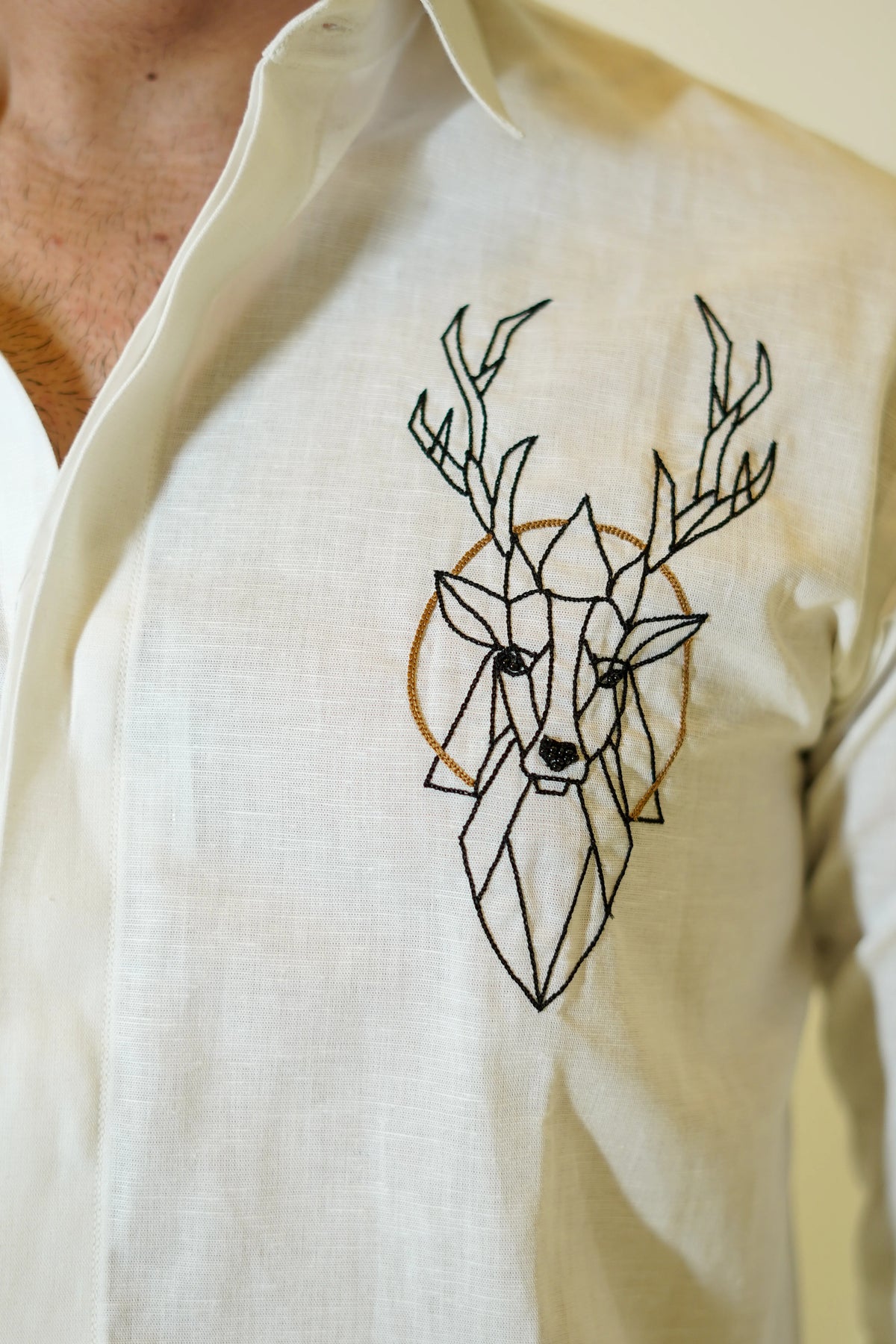 White Deer Embroidered Linen Shirt