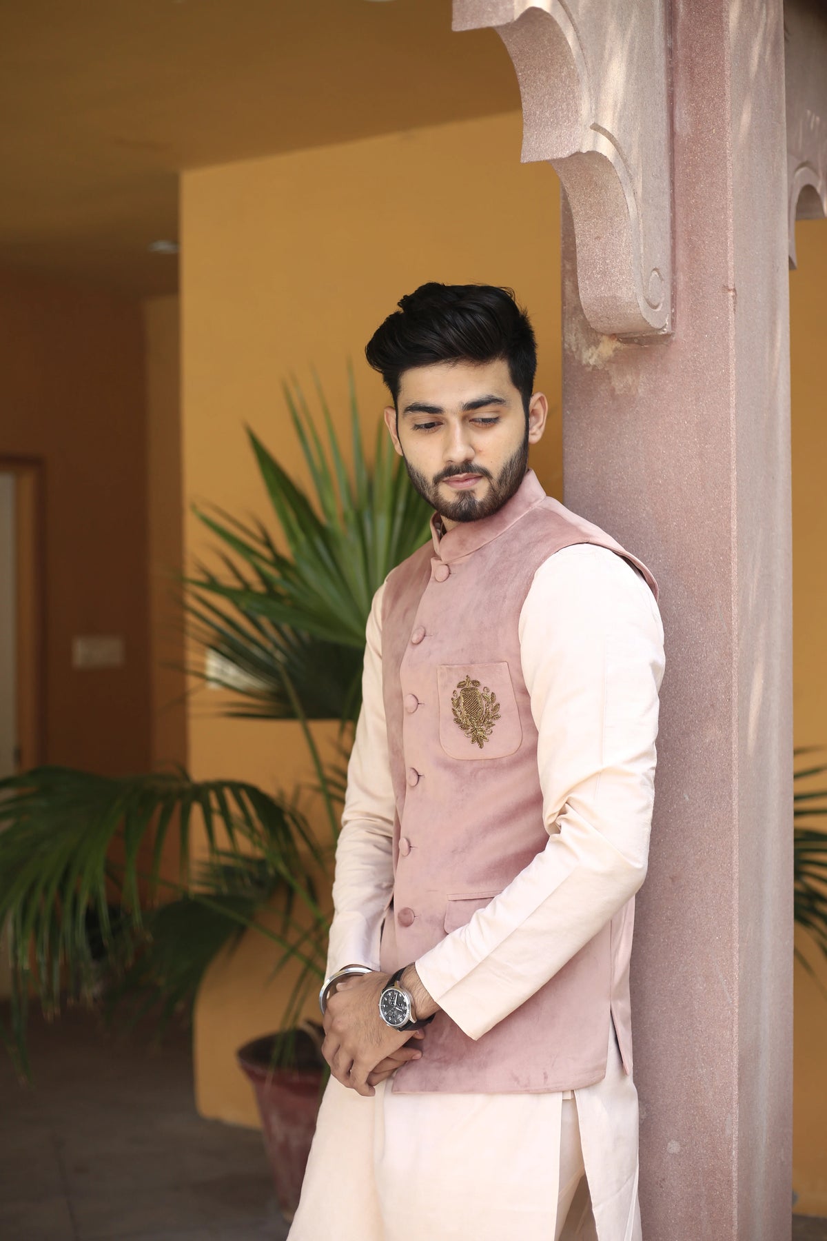 Trophy Blush Pink Velvet Nehru Jacket Set