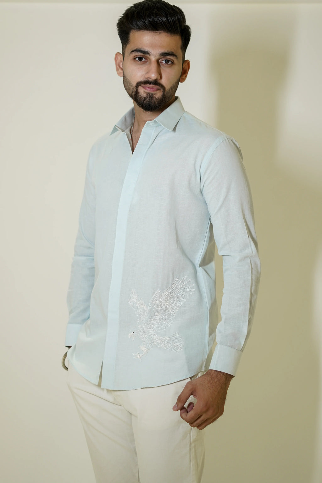 Pastel Blue Eagle Embroidered Linen Shirt