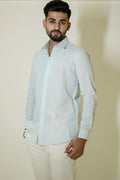 Pastel Blue Eagle Embroidered Linen Shirt