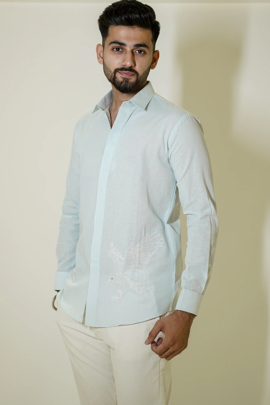 Pastel Blue Eagle Embroidered Linen Shirt