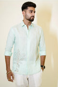 Pastel Green Palm Tree Embroidered Linen Shirt