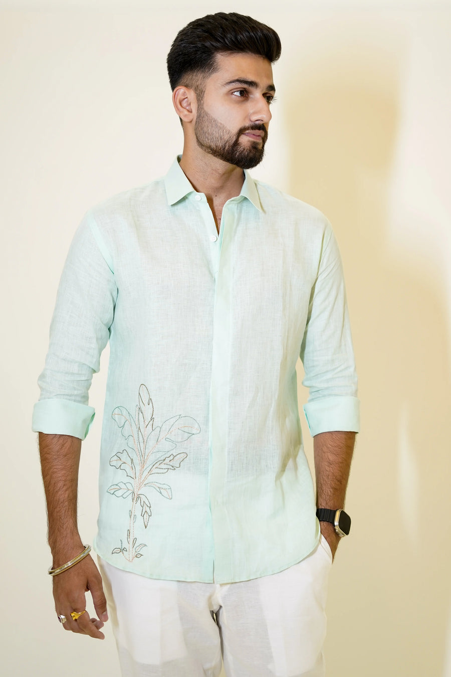 Pastel Green Palm Tree Embroidered Linen Shirt