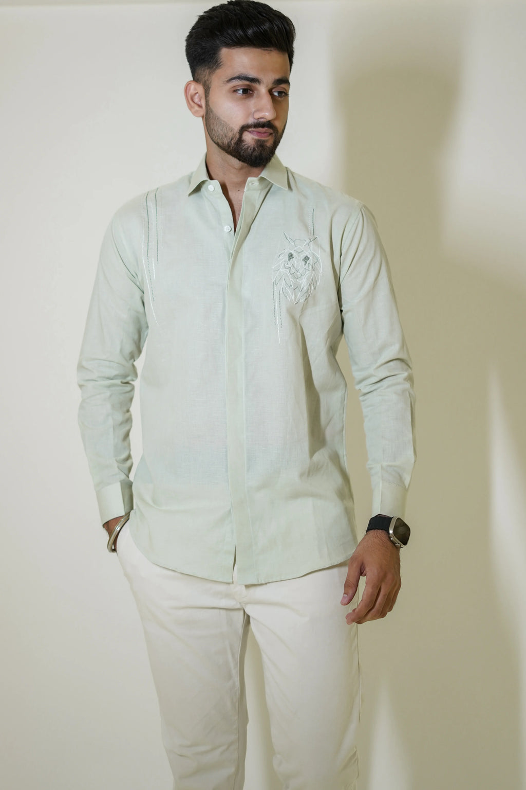 Fox Embroidered Pastel Green Linen Shirt