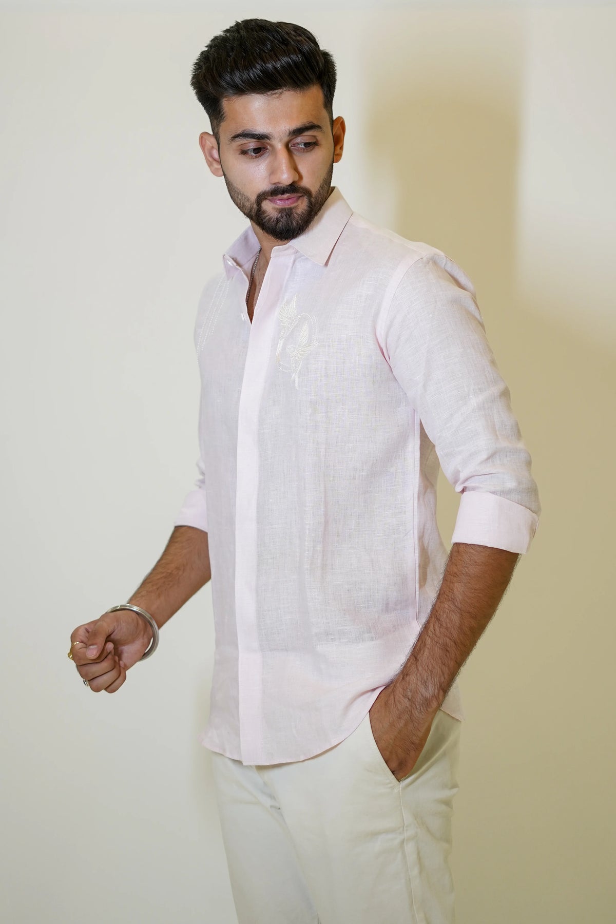 Pastel Pink Beaded Bird Embroidered Linen Shirt