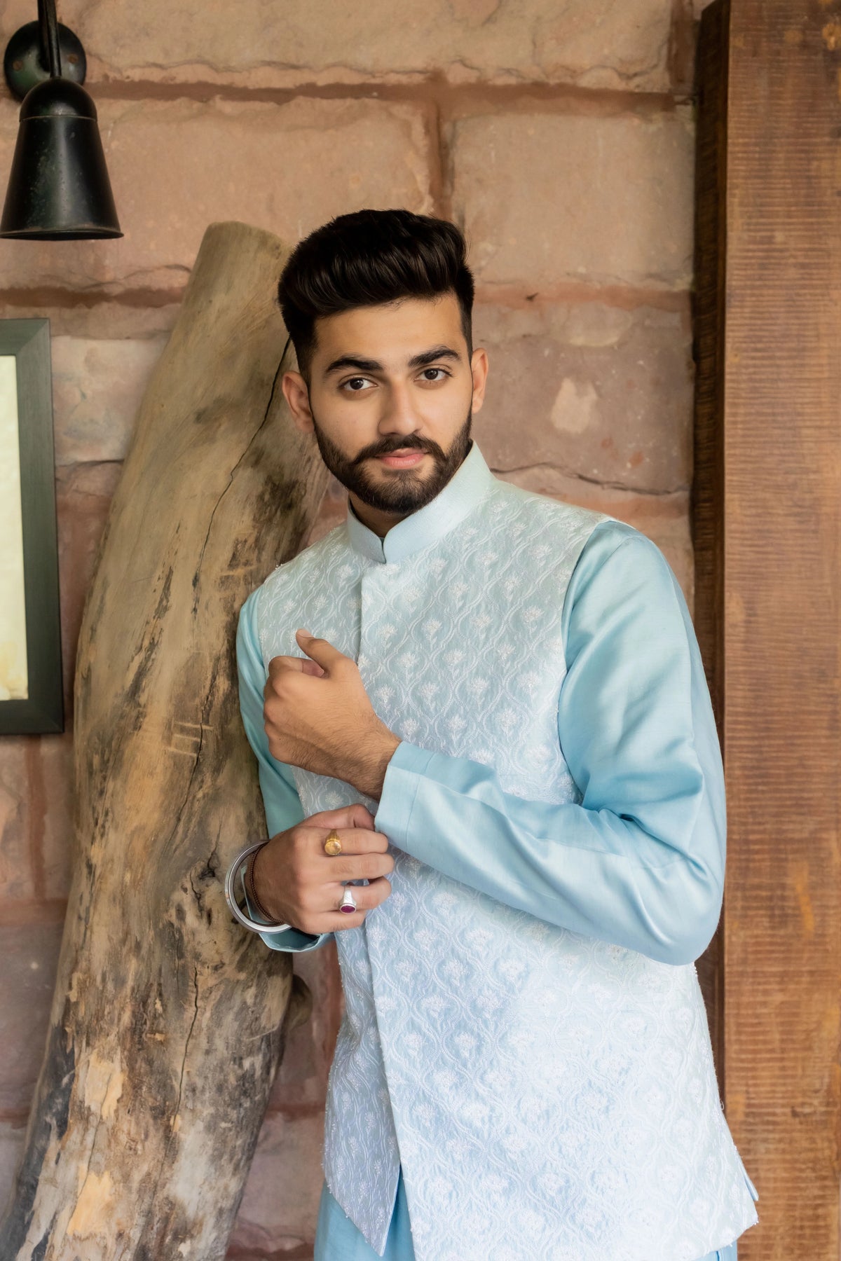 Jharokha Icy Blue Nehru Jacket Set