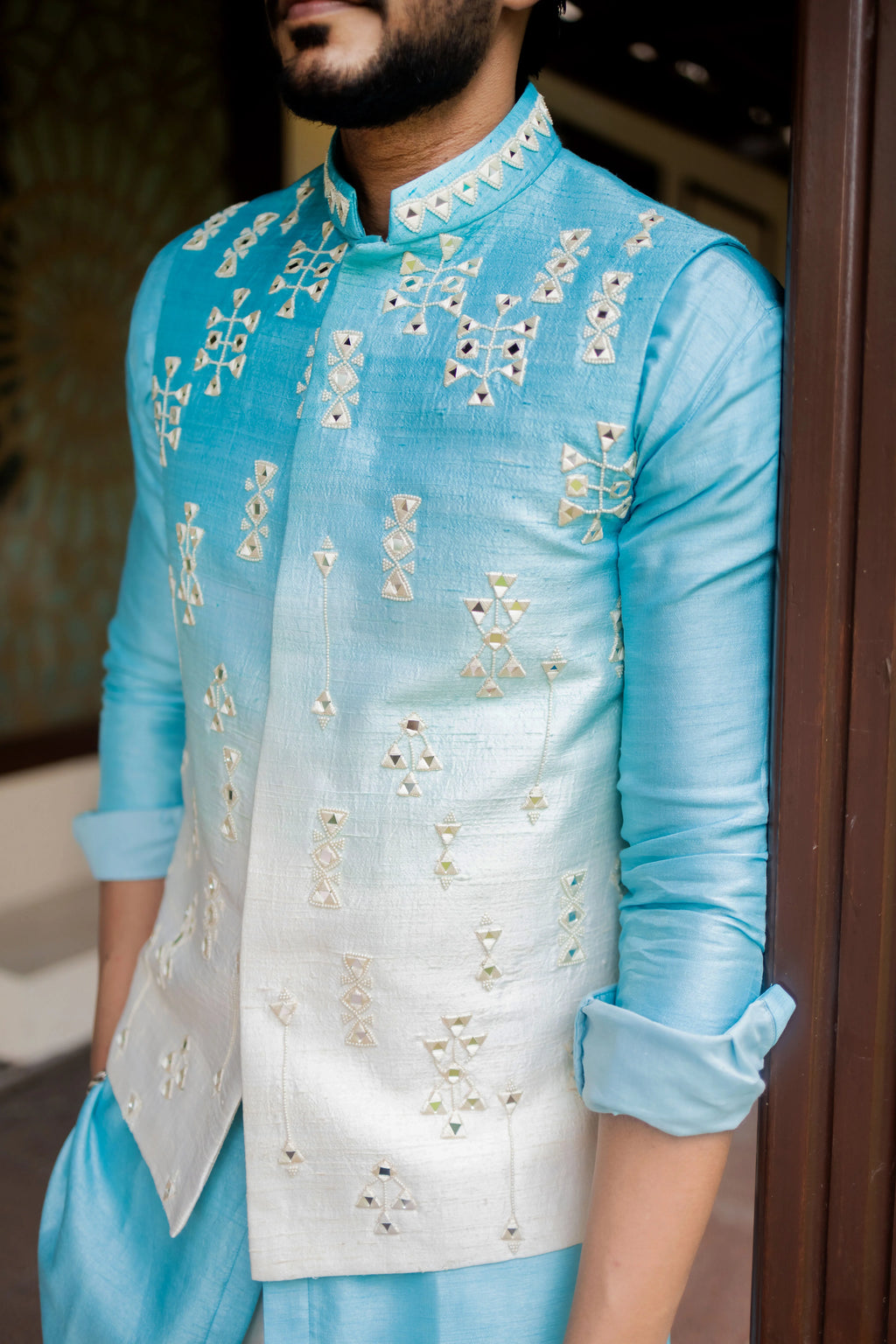 Sky Blue Ombre Nehru Jacket Set