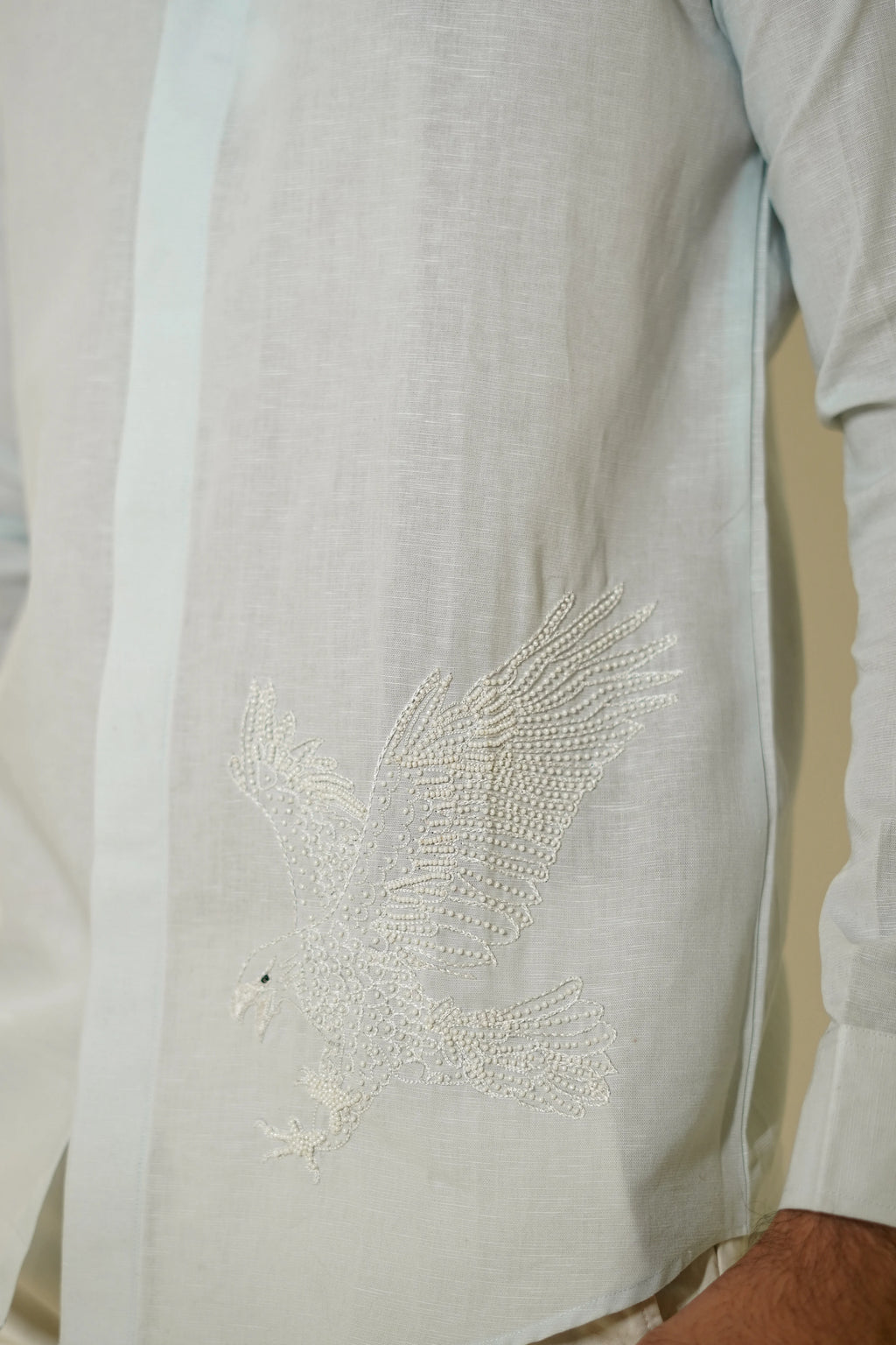 Pastel Blue Eagle Embroidered Linen Shirt
