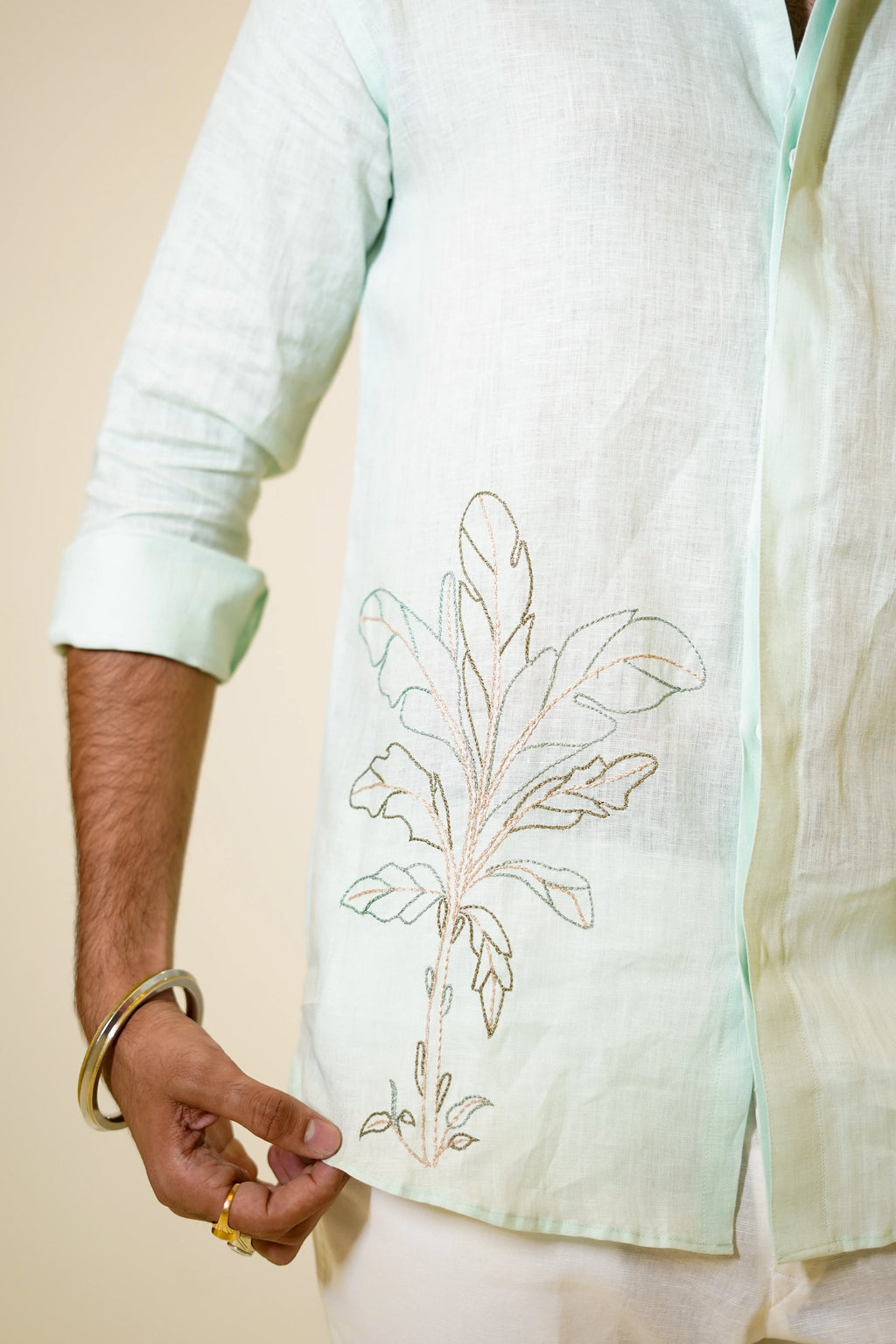 Pastel Green Palm Tree Embroidered Linen Shirt